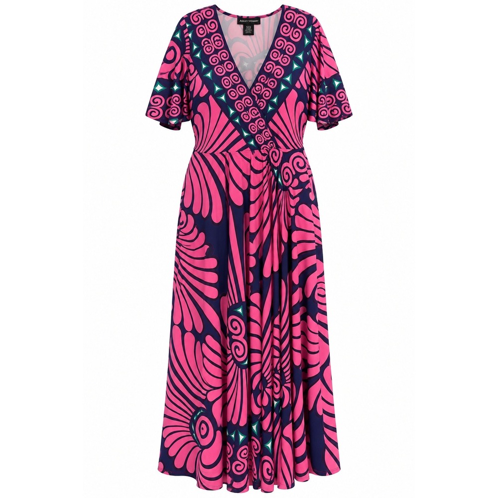 NWT Ashley Stewart Faux Wrap Maxi Dress Pink Navy Geometric Print Stretch 14/16
